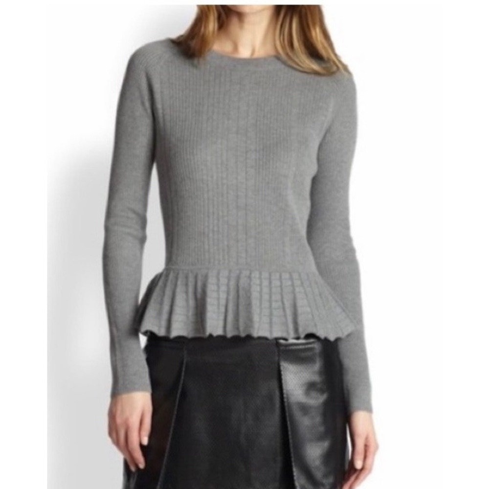 Tory Burch Margaret Peplum‎ Gray Ribbed Cashmere Silk Sweater Medium